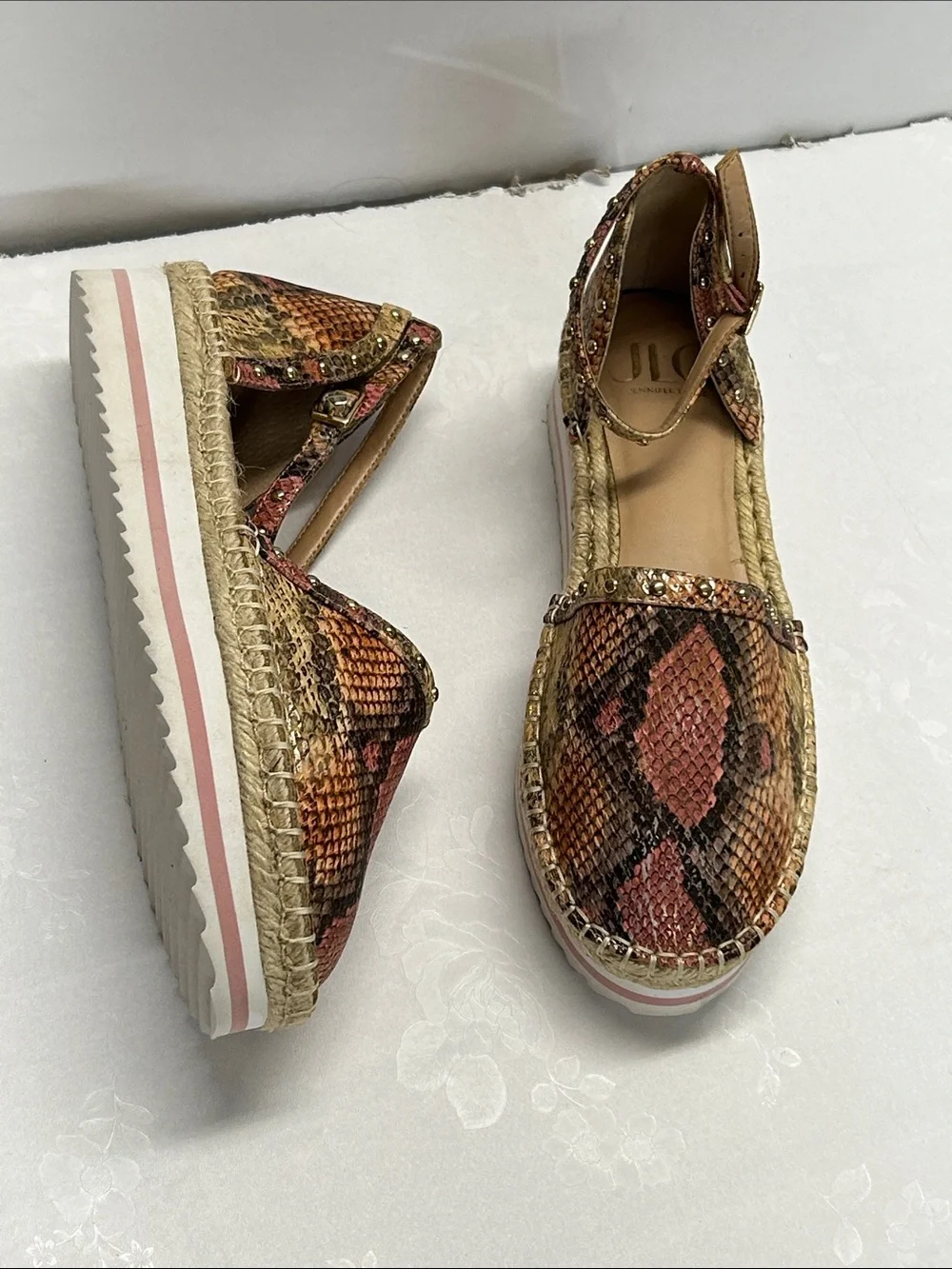 Women's Pink Snake-Print Espadrille Sandals with Ankle Strap
